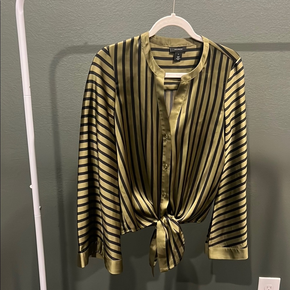 Halogen Black and Gold Long Sleeve Tie Front Blouse